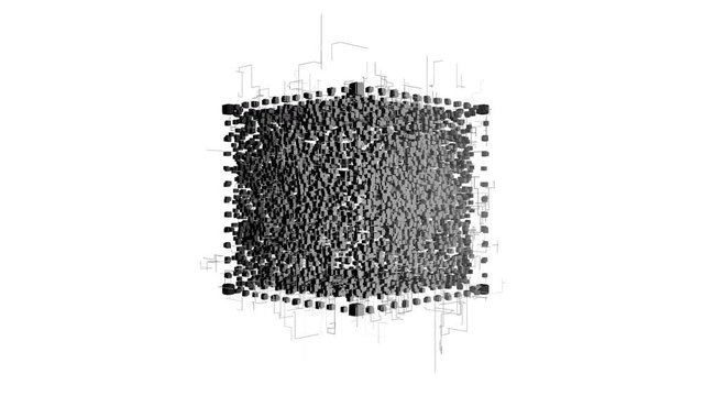 4K cube in the Computing Core with Interchanging Information Streams.Block chain network concept;Distributed register technology;Various Clusters of Connections Loading;participant chain.