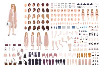 Fototapeta premium Stylish modern girl animation kit or DIY set. Bundle of body parts, clothes and accessories. Trendy street style outfit. Female cartoon character. Front, side, back views. Flat vector illustration.