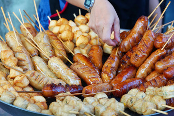 Fried sausage and meat ball street food in, Chiangmai Thailand.