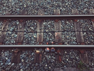 old railway tracks in the station in the street. train tracks in the city. Bilbao. Spain