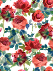 Fototapeta na wymiar Seamless pattern with a lot of watercolor red roses