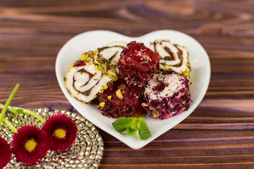 Oriental sweets on a white saucer
