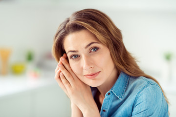 Close-up portrait of her she nice-looking lovely sweet charming attractive shine well-groomed peaceful dreamy brown-haired lady in light white interior style kitchen