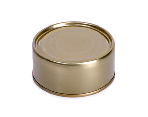 Close-up various metal and white tin can on white background