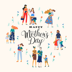 Happy Mothers Day. Vector illustration with women and children.