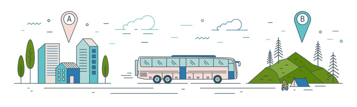Modern web banner template with bus riding from start point towards tourist camp at finish point