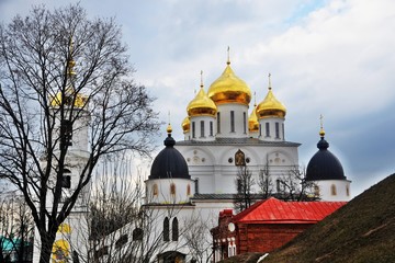 Fototapeta na wymiar Dormition church. Kremlin in Dmitrov, old historical town in Moscow region, Russia. Color winter photo. Popular landmark.