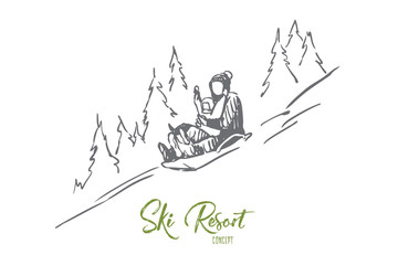 Sled, winter, mountains, activity, sport concept. Hand drawn isolated vector.