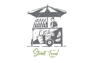 Fresh, car, drink, cocktail, street concept. Hand drawn isolated vector.