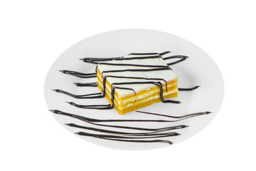 Carrot pie with chocolate topping isolated white