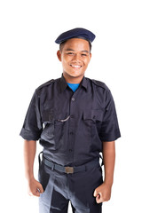Young Asian man in policeman officer outfit isolated on white background. Copy space.