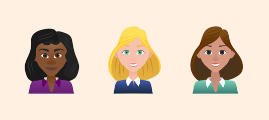 Characters avatars woman female profile in flat cartoon style color illustration