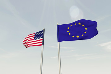 Flags of United States of America and European Union hanging on poles, waving in the wind in different directions. 3D render illustration.