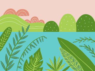 Obraz premium Sunset landscape vector illustration in doodle style. Plants, river and tropical leaves hand drawn background