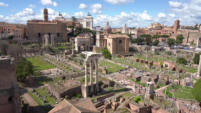 Panoramic view in the Roman Forum on a sunny day. Rome, Italy.
