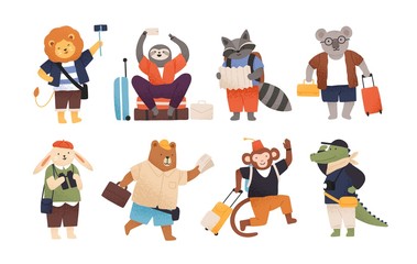 Collection of cute happy wild animals tourists or travellers. Bundle of funny amusing cartoon characters with baggage or luggage going on trip or vacation. Flat childish vector illustration.