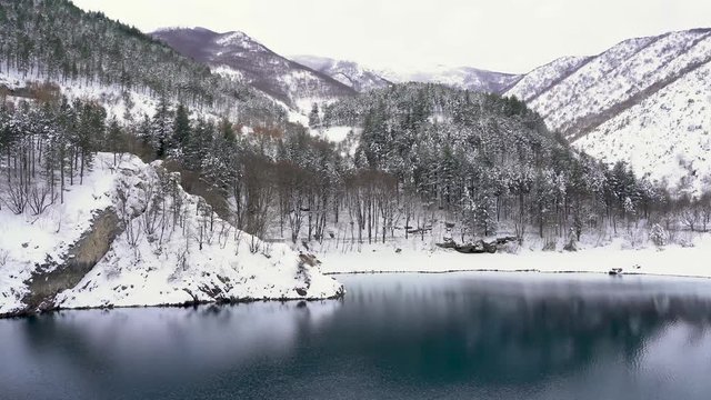 San Domenico Lake near Villalago and Scanno during winter season. Abruzzo, Italy.
