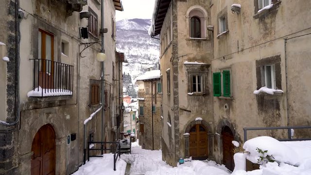 The beautiful Scanno covered in snow during winter season. Abruzzo, central Italy.