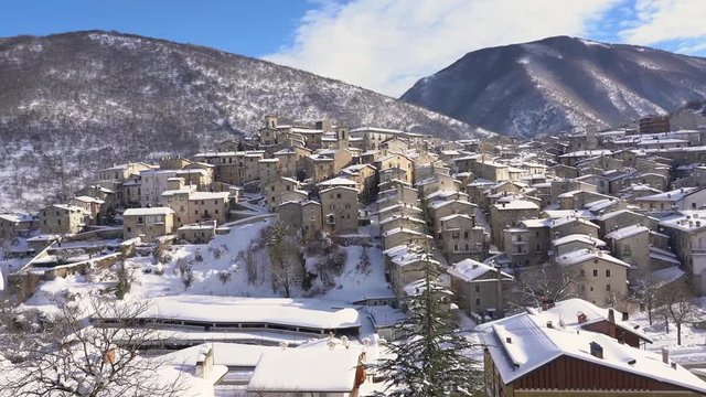 The beautiful Scanno covered in snow during winter season. Abruzzo, central Italy.