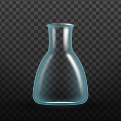 Realistic Chemical Laboratory Test Tube Vector. Tube Erlenmeyer Flask Have Wide Bases, With Sides That Taper Upward To Short Vertical Neck Isolated On Transparency Grid Background. 3d Illustration