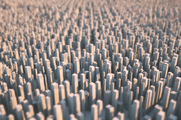 Abstract futuristic city consisting only of skyscrapers lit by the sun. Part of the background is blurred. 3D illustration.