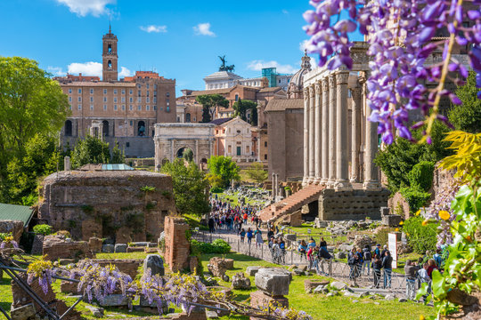The Roman Forum during spring season in a sunny day. Rome, Italy.
