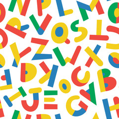 Seamless pattern with color letters. Kid alphabet. Can be used on packaging paper, fabric, background for different images, etc. White background.