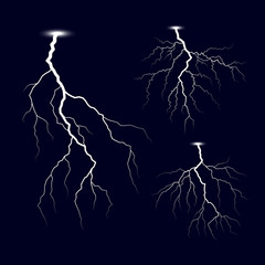 Lightning. Thunder storm lightnings set. Bright light effects. Vector Illustration isolated on dark background