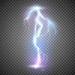 Lightning. Thunder storm realistic lightning. Magic and bright light effects. Vector Illustration isolated on transparent background - obrazy, fototapety, plakaty