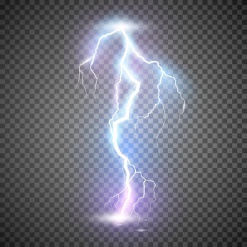 Lightning. Thunder storm realistic lightning. Magic and bright light effects. Vector Illustration isolated on transparent background