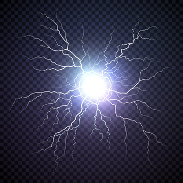 Plasma bolt. Fireball on dark background. Thunder storm flash light. Realistic electricity lightning. Vector illustration isolated on transparent background