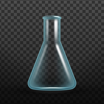 Realistic Laboratory Glassware Or Beaker Vector. Clear Laboratory Glass Equipment With Cylindrical Neck, Empty Sterile Erlenmeyer Flask Isolated On Transparency Grid Background. 3d Illustration