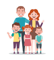 Family portrait. Father, mother and children. Full lenght portrait of family members standing together. Vector illustration in cartoon style isolated on white background.