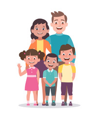Family portrait. Father, mother, daughter and sons. Full lenght portrait of family members standing together. Vector illustration in cartoon style isolated on white background.