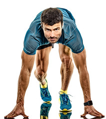 one caucasian handsome mature man running runner jogging jogger isolated on white background