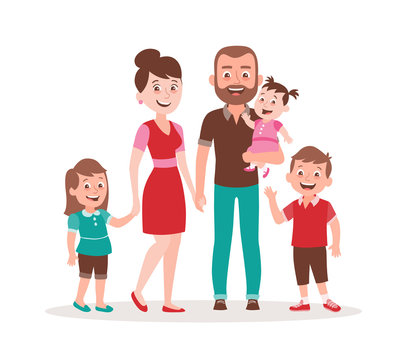 Happy family portrait. Father, mother, daughter, son and a baby girl. Full lenght portrait of family members standing together. Vector illustration in cartoon style isolated on white background.