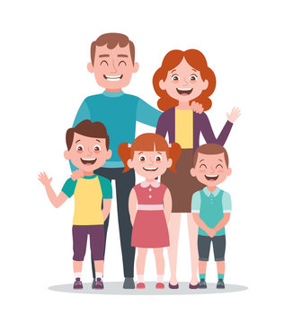 Family portrait. Father, mother and children. Full lenght portrait of family members standing together. Vector illustration in cartoon style isolated on white background.