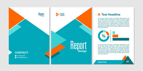 Report or brochure creative design. Template with cover, back and inside pages. Minimalist flat geometric design. Vertical a4 format. Vector graphic.