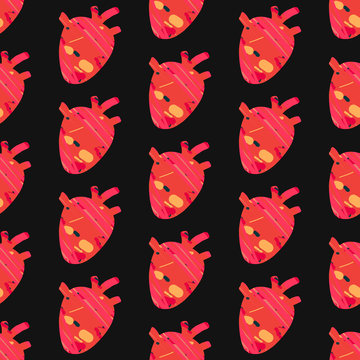 Textured red heart hand drawn seamless pattern in cartoon style on black font