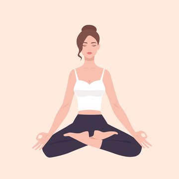 Young pretty woman performing yoga exercise. Female cartoon character sitting in lotus posture and meditating. Girl with crossed legs isolated on light background. Colorful flat vector illustration.