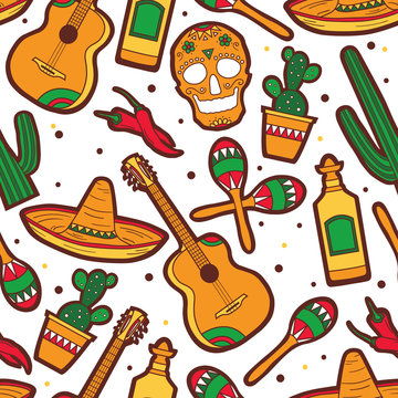 Seamless pattern with collection of mexican symbols, hand drawn background. Colorful overlapping backdrop with mexico and culture icons set. Mexican party. Decorative wallpaper, good for printing