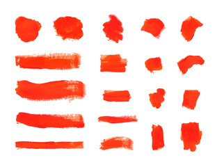Vector Brush Strokes, Textured Red Paint Smears Isolated, Design Elements Collection.