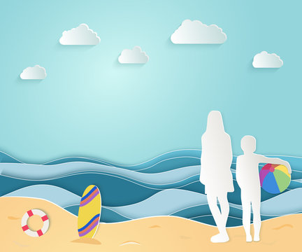 Summer sea picture origami made paper. Mom and child standing on the beach and looking at the beautiful sea. Vector illustrations, paper art and digital crafts style.