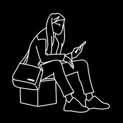 A woman with backpack sitting on cube, looking at mobile phone. Vector illustration of girl checking social networks. Concept. Sketch. Line art. Black lines on white background. Virtual communication.