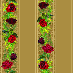 Scarlet and crimson roses in a wreath with yellow mimosa - realistic picture. Background - vertical stripes - military coloring sand colors: brown, beige and cream. Seamless pattern