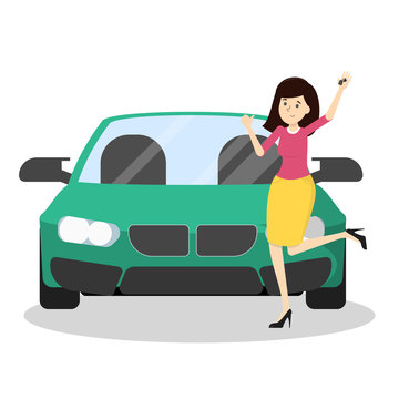 Happy woman standing at the green car and showing thumbs up