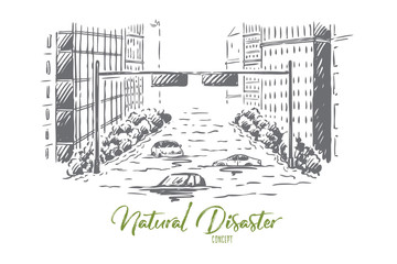 Flood, disaster, city, street, danger concept. Hand drawn isolated vector.