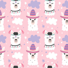Cartoon Llama Alpaca Seamless Pattern