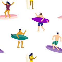 Surfers on surfboards in sea waves seamless pattern. Vector