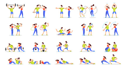 Woman and man doing various sport exercise set